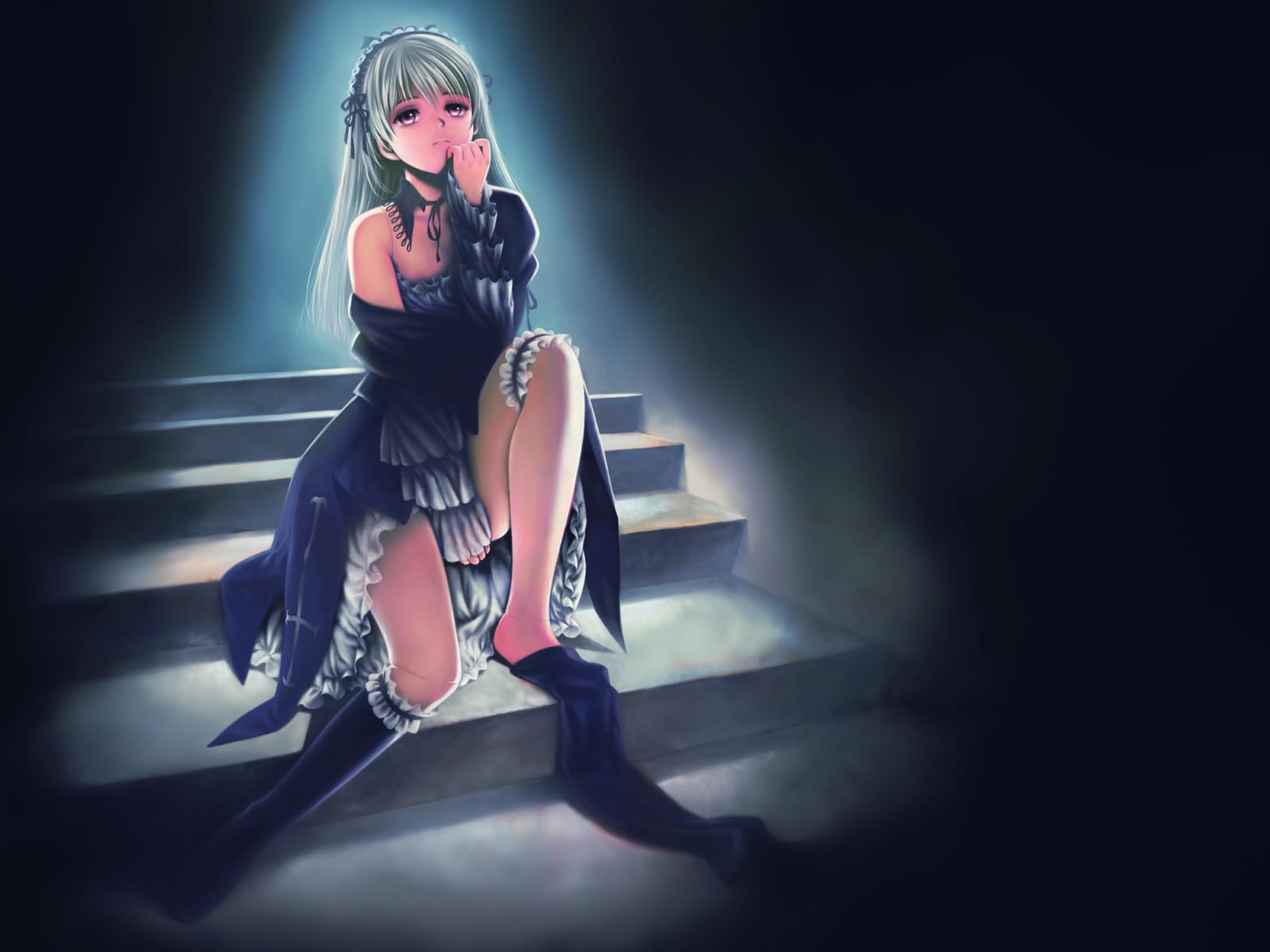00s 1girl bangs bare_legs bare_shoulders black_dress blunt_bangs collarbone dress highres light_rays long_sleeves looking_at_viewer red_eyes rozen_maiden silver_hair sitting solo spotlight stairs suigintou toshi_hiroshi
