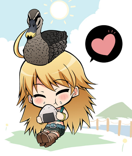 1girl animal animal_on_head belt bird bird_on_head blonde_hair blush boots bracelet celebi_ryousangata chibi closed_eyes clouds duck eating flower food food_on_face grass heart hoshii_miki idolmaster jewelry long_hair onigiri outdoors shorts sitting sky solo speech_bubble spoken_heart sun