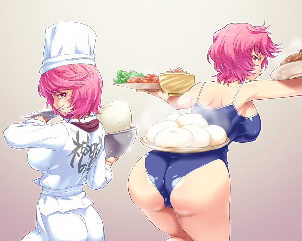 2girls ass breasts chef chef_hat cleaver clenched_teeth erect_nipples food from_behind grin hairu hat huge_breasts large_breasts leaning_forward looking_back multiple_girls naughty_face one-piece_swimsuit pink_eyes pink_hair short_hair smile swimsuit teeth tetsunabe_no_jan