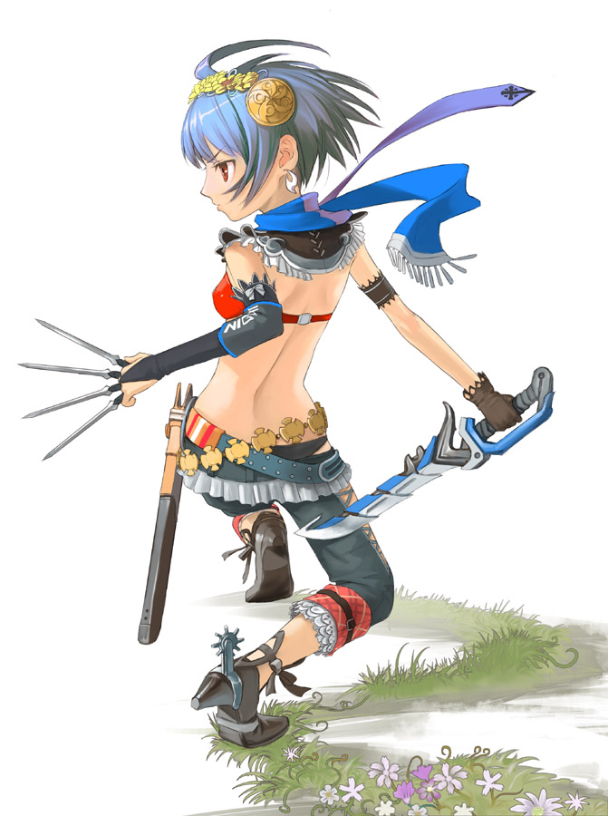 back belt blue_hair bra from_behind hairband knife lingerie red_eyes scarf spurs sword underwear uni weapon