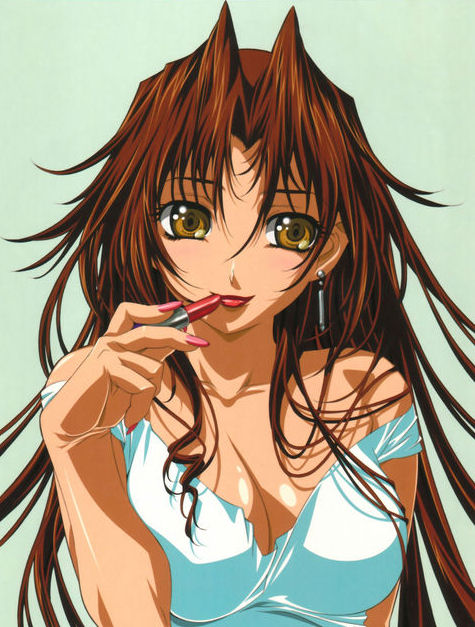 00s 1girl blush breasts brown_hair cleavage close-up earrings eclair_(kiddy_grade) fingernails gotou_keiji jewelry kiddy_grade large_breasts lipstick lipstick_tube long_fingernails long_hair makeup nail nail_polish no_bra off_shoulder orange_eyes pink_nails single_earring smile solo very_long_hair yellow_eyes