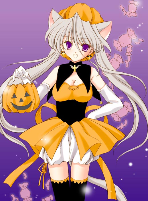 1girl amou_mari animal_ears black_legwear bloomers breasts candy cat_ears cat_tail cleavage detached_collar elbow_gloves food gloves halloween hand_on_hip jack-o'-lantern long_hair medium_breasts pumpkin purple_background smile solo tail thigh-highs twintails underwear violet_eyes white_gloves white_hair
