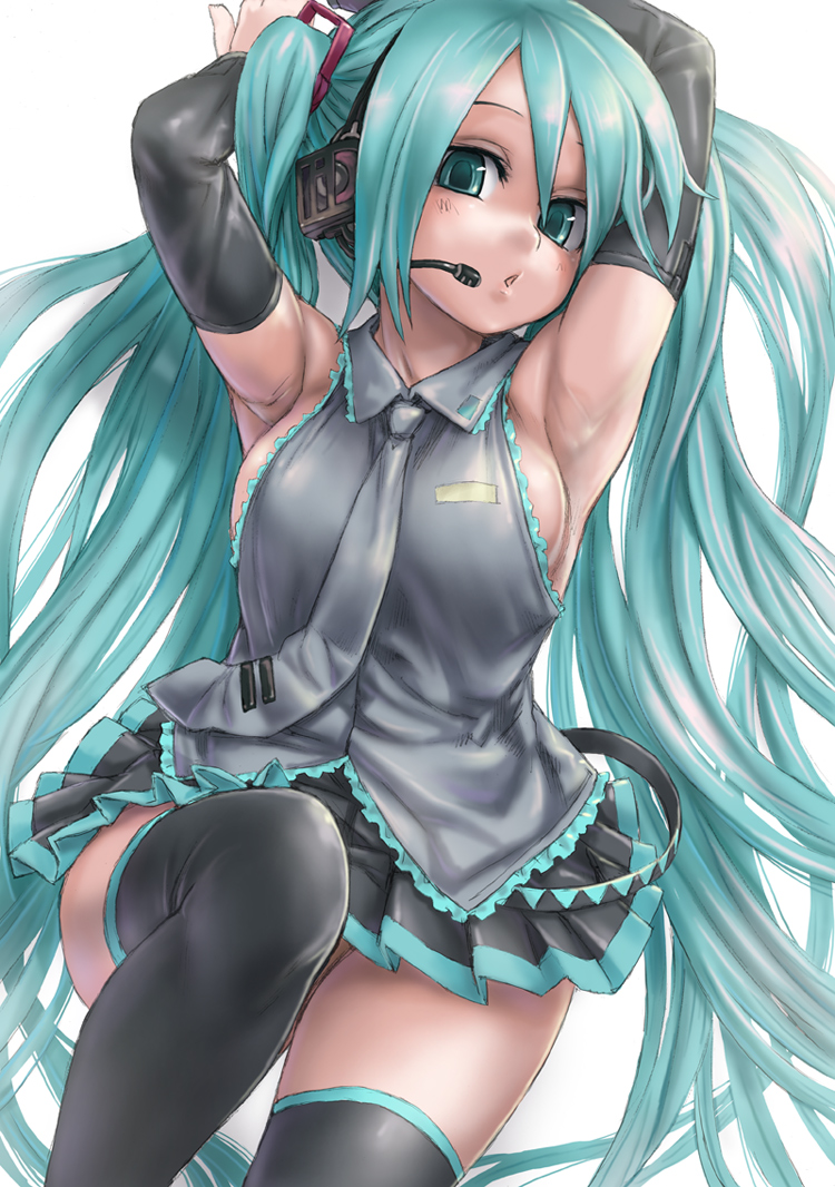 1girl :o armpits asanagi black_legwear breasts elbow_gloves gloves green_eyes green_hair hatsune_miku headphones headset large_breasts long_hair looking_at_viewer microphone open_mouth pleated_skirt skirt solo thigh-highs twintails very_long_hair vocaloid zettai_ryouiki