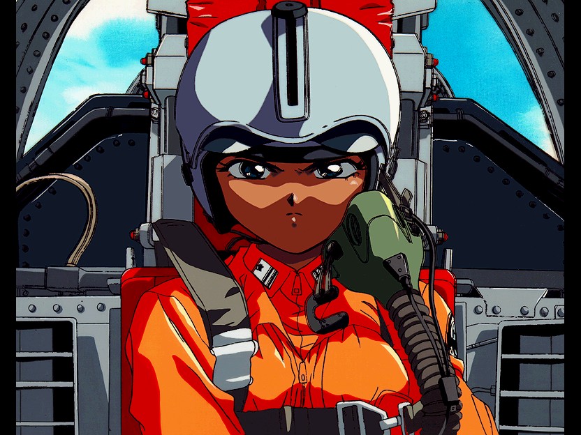 1girl 90s angry aozora_shoujotai arisa_mitaka cockpit helmet mitaka_arisa oldschool pilot pilot_suit solo