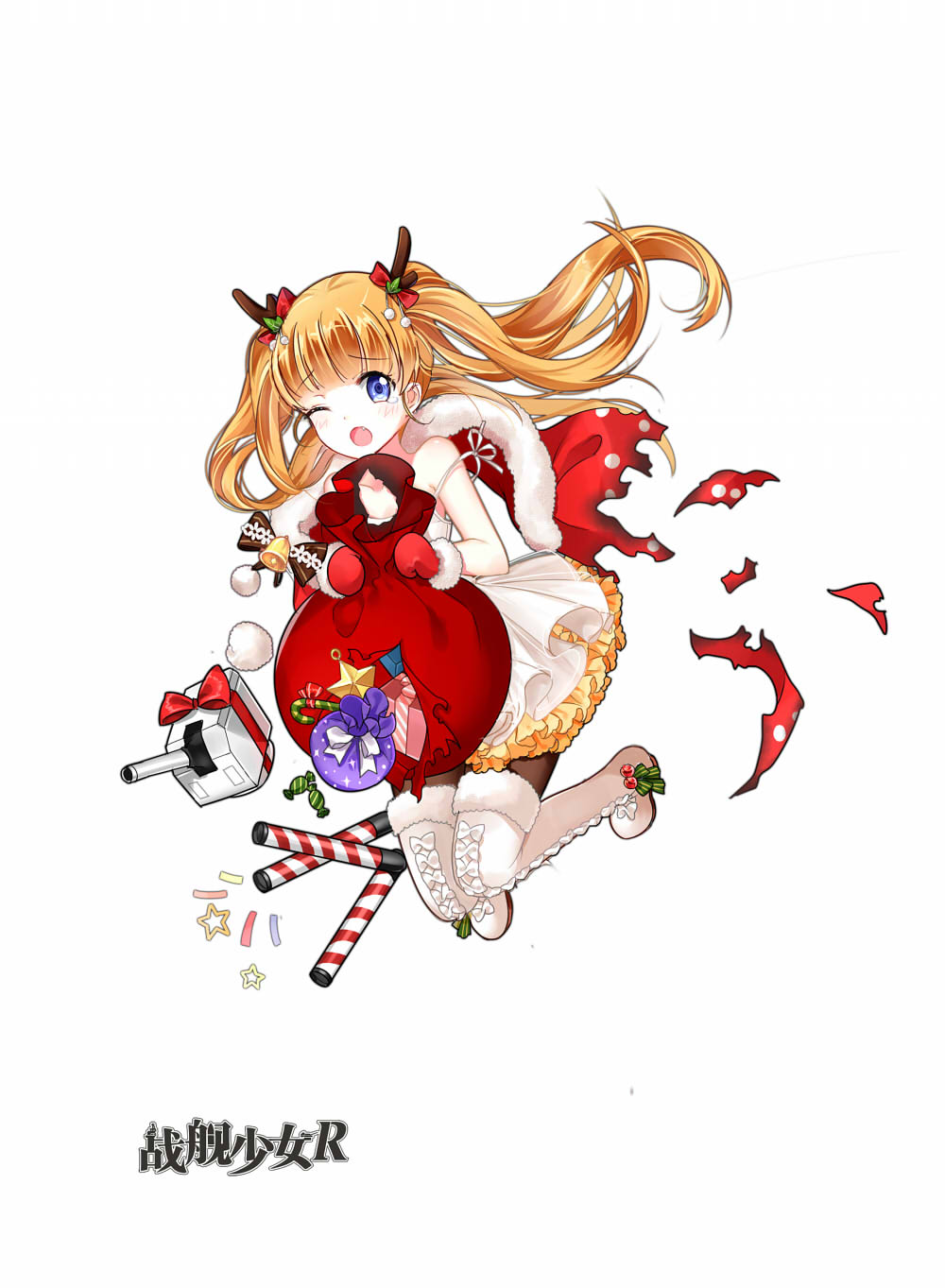 1girl alternate_costume antlers bangs bell blonde_hair blue_eyes blunt_bangs blush boots bow box brown_legwear candy candy_cane cannon capelet carrying_bag copyright_name dress eyebrows_visible_through_hair fang food frilled_boots frilled_dress frills full_body fur_trim gift gift_box gloves green_bow green_ribbon highres jumping legs_up looking_at_viewer mana_(418208360) mittens official_art one_eye_closed open_mouth pantyhose polka_dot polka_dot_dress red_gloves reindeer_antlers ribbon sack solo tears text thatcher_(zhan_jian_shao_nyu) thigh-highs thigh_boots torn_clothes torn_sack torpedo turret twintails white_background white_boots white_dress zhan_jian_shao_nyu