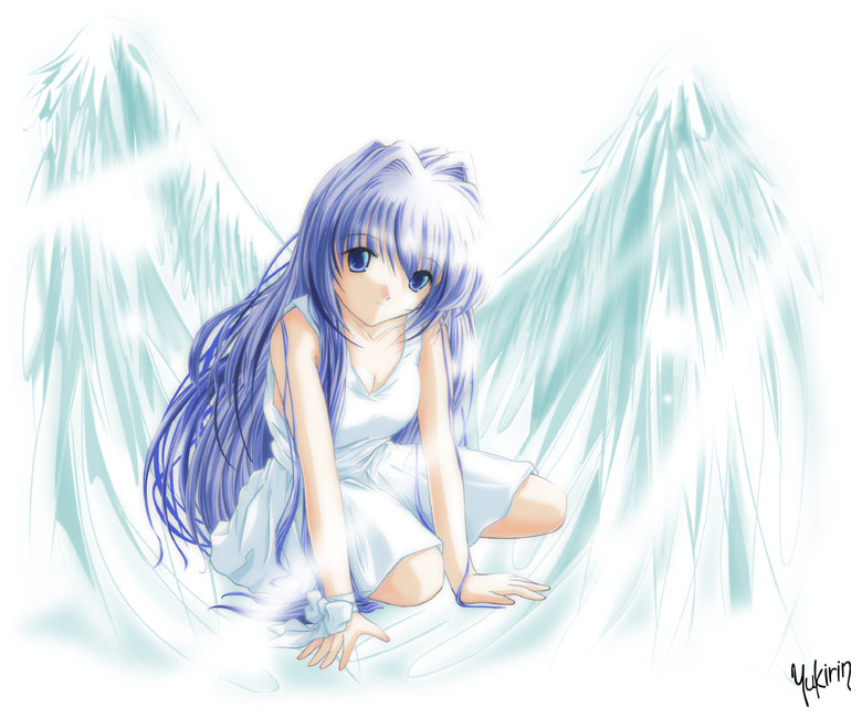 angel blue_eyes blue_hair kanon long_hair minase_nayuki wings yukirin