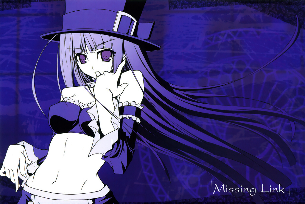 1girl bare_shoulders breasts capcom capcom_fighting_jam detached_sleeves flat_color hat ingrid long_hair midnight_bliss midriff monochrome purple_hair shingo_(missing_link) solo top_hat wallpaper