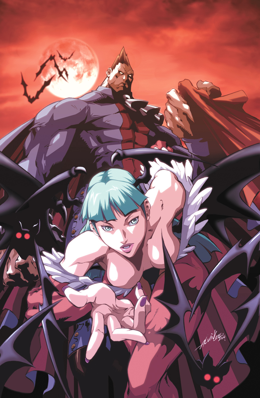 1boy 1girl abs alvin_lee angry aqua_eyes aqua_hair ascot bangs bare_shoulders bat bat_print bat_wings bent_over blunt_bangs blurry boots breasts breasts_apart bridal_gauntlets brown_hair buttons capcom cape clenched_hand clouds collaboration demitri_maximoff demon_girl depth_of_field downblouse fingernails flying foreshortening frown full_moon fur_trim gary_yeung glowing glowing_eyes grin hands head_wings highres holding large_breasts legs_crossed leotard lips lipstick long_fingernails long_hair looking_at_viewer makeup moon morrigan_aensland muscle nail_polish naughty_face night night_sky no_pupils official_art outdoors outstretched_hand pantyhose patterned_legwear pink_legwear print_legwear purple_nails red_eyes red_moon short_hair signature sitting size_difference skin_tight sky smile spiky_hair standing succubus udon_entertainment vampire vampire_(game) white_eyes wings