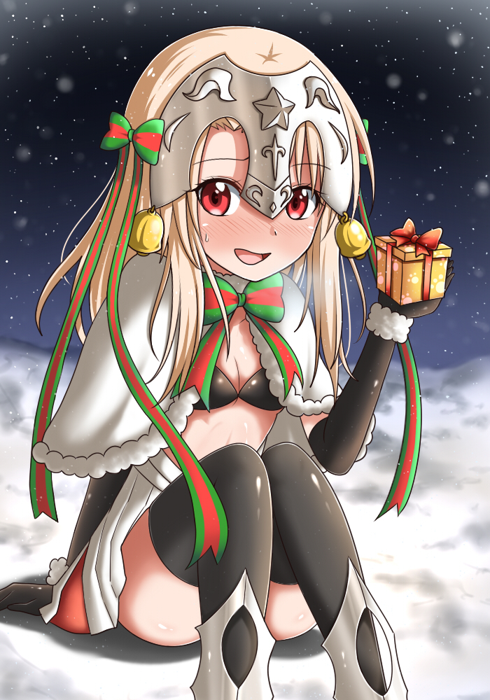 1girl bell blush bow bowtie capelet cosplay elbow_gloves embarrassed fate/grand_order fate/kaleid_liner_prisma_illya fate_(series) gift gloves hair_ribbon headpiece illyasviel_von_einzbern jeanne_alter jeanne_alter_(santa_lily)_(fate) jeanne_alter_(santa_lily)_(fate)_(cosplay) looking_at_viewer night night_sky red_eyes ribbon ruler_(fate/apocrypha) sky snow snowing solo thigh-highs white_hair
