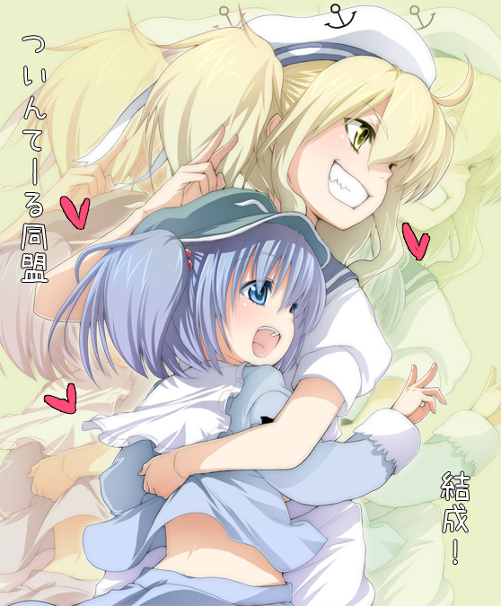 2girls anchor blonde_hair blue_eyes blue_hair buriki female grin hat hug kawashiro_nitori kitashirakawa_chiyuri multiple_girls phantasmagoria_of_dim._dream sailor sailor_hat smile touhou touhou_(pc-98) translated twintails two_side_up yellow_eyes