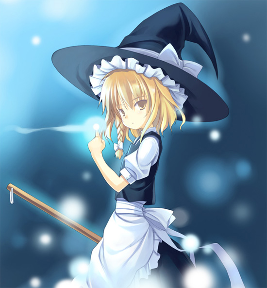 1girl blonde_hair broom female hat kirisame_marisa magic perfect_cherry_blossom poco_(asahi_age) snow snowing solo touhou witch witch_hat