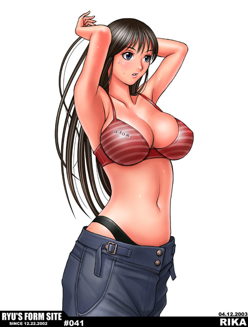 1girl armpits arms_up bare_shoulders black_hair bra breasts curvy large_breasts lingerie long_hair panties ryu_(ryu's_former_site) solo striped thong underwear