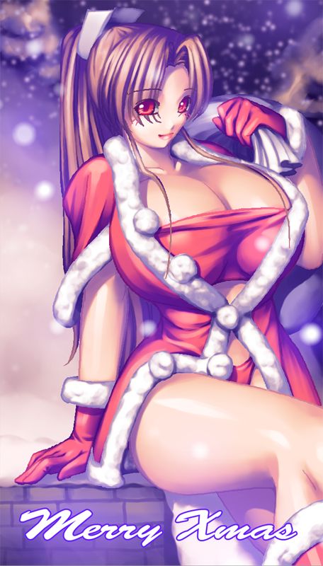 1girl breasts brown_hair christmas cleavage fatal_fury gloves huge_breasts king_of_fighters long_hair ponytail red_gloves santa_costume shiranui_mai sitting snk snow snowing solo the_king_of_fighters
