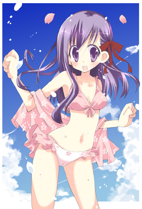 1girl bikini cherry_blossoms fate/stay_night fate_(series) matou_sakura object_namesake sakura solo splash swimsuit takasaki_yuuki