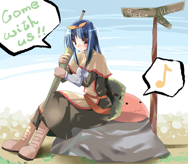 1girl blue_eyes blue_sky boots brown_boots day english full_body gun holding holding_weapon knee_boots looking_at_viewer musical_note outdoors quaver ragnarok_online ribbon road_sign shigen sign sky solo speech_bubble spoken_musical_note swordsman swordsman_(ragnarok_online) talking text weapon