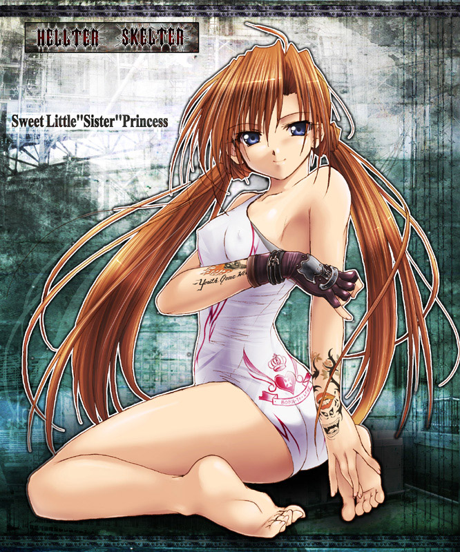 00s 1girl armpits ass barefoot blue_eyes breasts brown_hair casual_one-piece_swimsuit english erect_nipples feet fingerless_gloves gloves kaiga long_hair long_legs looking_back medium_breasts one-piece_swimsuit sakuya_(sister_princess) sister_princess sitting smile solo strap_lift swimsuit tattoo twintails undressing wariza