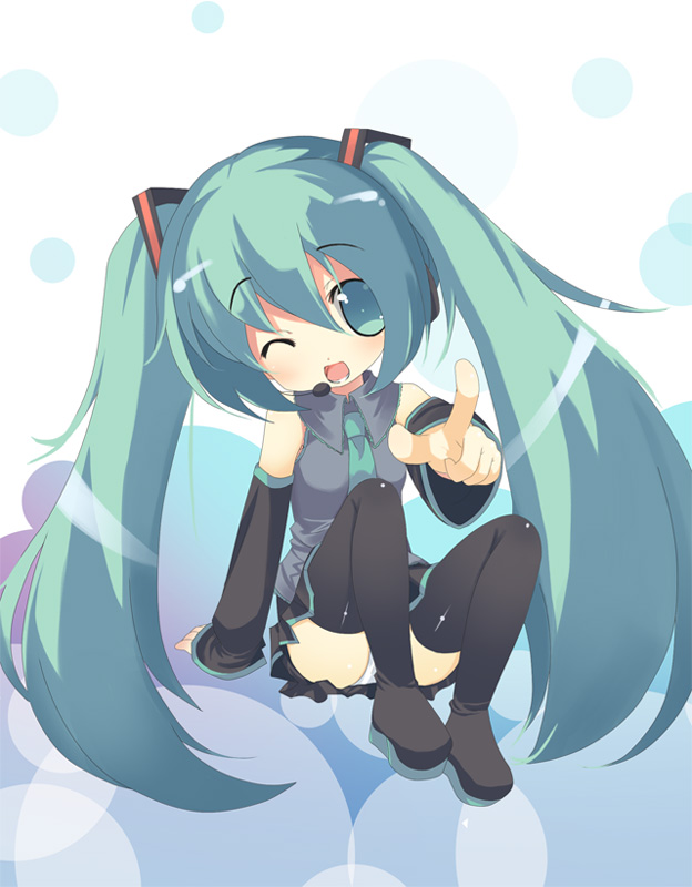1girl chibi hatsune_miku long_hair omiso omiso_(omiso) solo thigh-highs twintails very_long_hair vocaloid