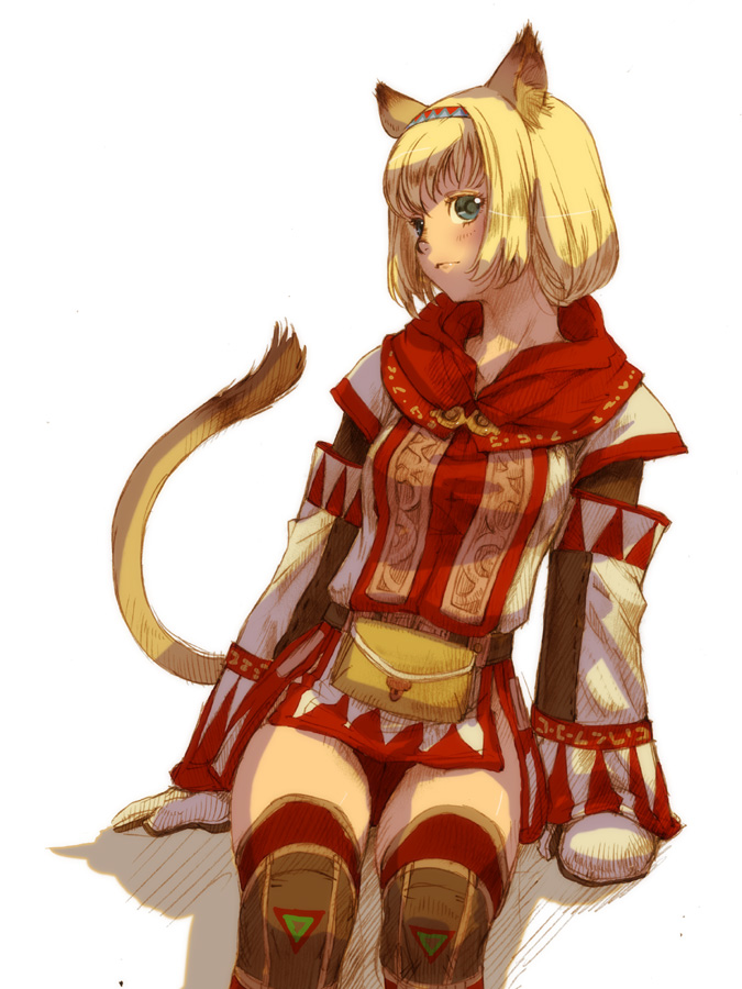 1girl animal_ears blonde_hair branch_(blackrabbits) cat_ears cat_tail detached_sleeves final_fantasy final_fantasy_xi green_eyes mithra mittens short_hair sitting solo surcoat tabard tail thigh-highs underwear white_background white_mage