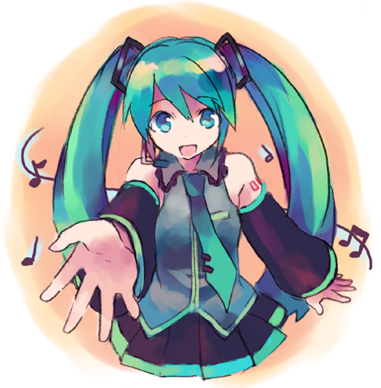 1girl aqua_hair bare_shoulders beamed_quavers detached_sleeves foreshortening hands hatsune_miku musical_note shati solo twintails vocaloid