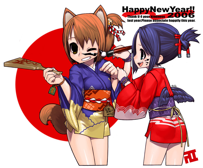 2girls animal_ears bell blue_hair bodypaint brown_hair brush calligraphy_brush ema face_painting fox_ears fox_tail grin hagoita hanetsuki japanese_clothes kimono multiple_girls obi one_eye_closed original paddle paint paintbrush sash short_kimono smile tail torii wings x6suke