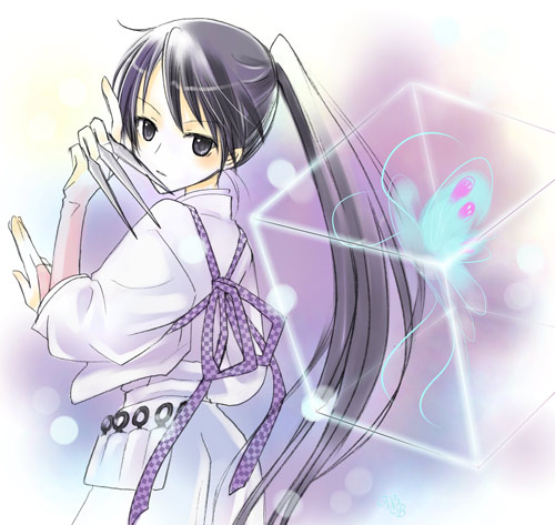 1girl belt between_fingers black_hair claw_(weapon) cowboy_shot cube from_behind glowing holding holding_weapon kekkaishi long_hair long_sleeves looking_at_viewer looking_back lowres ponytail solo tunic very_long_hair weapon yukimura_tokine