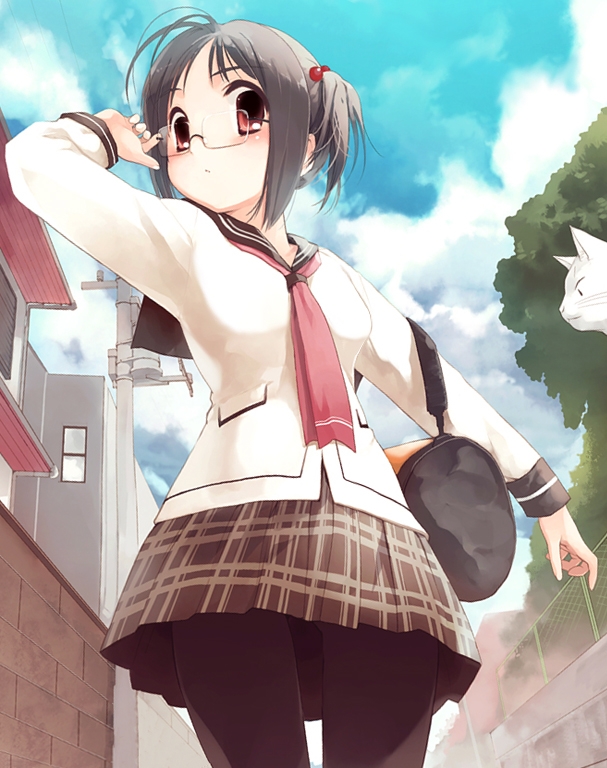 1girl adjusting_glasses arm_up bag blush brown_skirt cat chain-link_fence clouds fence from_below gagraphic glasses grey_hair hair_bobbles hair_ornament house koin_(foxmark) outdoors pantyhose plaid plaid_skirt power_lines red_eyes school_uniform serafuku short_hair side_ponytail skirt sky solo standing telephone_pole thigh_gap tree twintails wall
