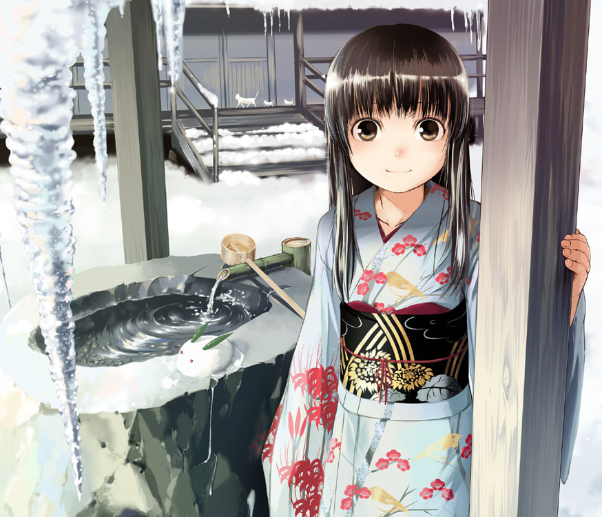 1girl brown_eyes brown_hair cat ice icicle japanese_clothes kimono looking_at_viewer obi original sash smile snow snow_bunny sody solo
