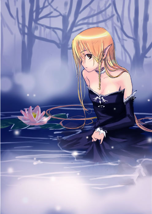 bare_shoulders blonde_hair braid choker dress elf forest nature pointy_ears side_braid sitting strapless strapless_dress tree water wet