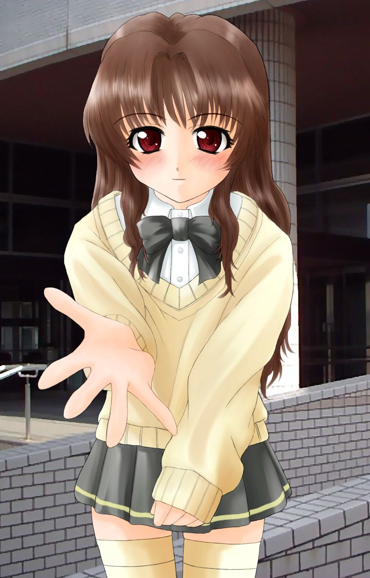 00s 1girl blush bow bowtie brown_hair female flat_chest hands long_hair morino_ichigo onegai_teacher onegai_twins outdoors outstretched_arm outstretched_hand photo_background pleated_skirt reaching school_uniform serafuku skirt sleeves_past_wrists smile solo standing sweater thigh-highs thigh_gap thighs wavy_hair yellow_legwear zettai_ryouiki