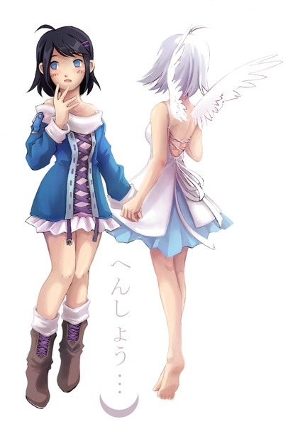 2girls angel_wings back bare_shoulders blue_eyes boots hand_holding miniskirt multiple_girls sandara skirt translated white_hair wings