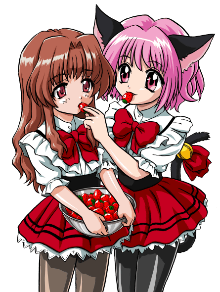 00s 2girls animal_ears bandabekken bell bow bowl bronze_parrot brown_hair cat_ears cat_tail crossover food fruit holding holding_fruit jingle_bell long_hair momomiya_ichigo morino_ichigo multiple_girls namesake object_namesake onegai_teacher onegai_twins pantyhose pink_eyes pink_hair pun red_eyes short_hair strawberry tail tail_bell tokyo_mew_mew waitress