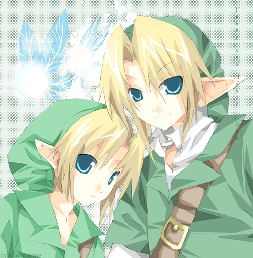 1boy blonde_hair blue_eyes fairy link male_focus navi nintendo pointy_ears the_legend_of_zelda the_legend_of_zelda:_ocarina_of_time time_paradox young_link younger