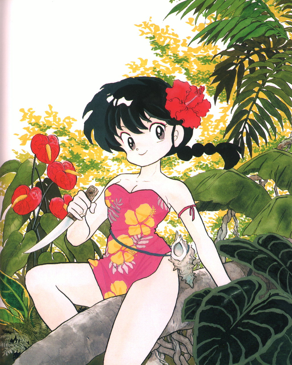1girl 90s arm_ribbon black_eyes black_hair braid breasts dress floral_print flower forest genderswap genderswap_(mtf) hair_flower hair_ornament hibiscus highres holding holding_knife jungle knife long_hair looking_at_viewer nature official_art outdoors ranma-chan ranma_1/2 ribbon saotome_ranma scan shell short_dress sitting small_breasts smile solo strapless strapless_dress takahashi_rumiko