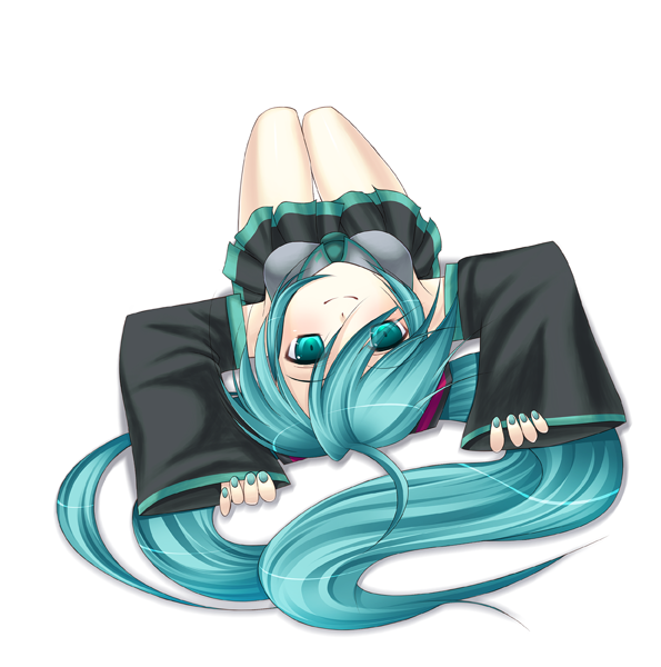 1girl aqua_hair black_skirt blue_eyes blue_hair collared_shirt detached_sleeves eko from_above full_body grey_shirt hair_between_eyes hair_ornament hatsune_miku headphones long_hair looking_at_viewer lying matching_hair/eyes miniskirt nail_polish necktie on_back pleated_skirt shirt simple_background skirt solo tied_hair twintails vocaloid white_background