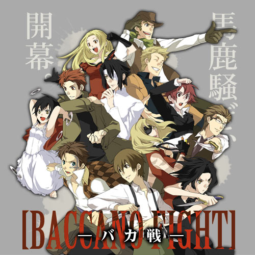 5girls 6+boys :d armpits arms_up baccano! bare_shoulders black_dress black_gloves blonde_hair breasts chane_laforet claire_stanfield cleavage collarbone dagger dress elmer_albatross ennis everyone eyepatch fighting_stance firo_prochainezo formal gloves grey_background holding holding_weapon huey_laforet isaac_dian jacuzzi_splot liza looking_at_viewer lowres maiza_avaro miria_harvent multiple_boys multiple_girls nice_holystone open_mouth outstretched_arms pointing riza_laforet short_hair simple_background sleeveless sleeveless_dress smile suit sundress text weapon white_dress