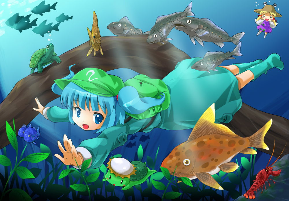 female fish kappa kawashiro_nitori michii_yuuki moriya_suwako touhou underwater