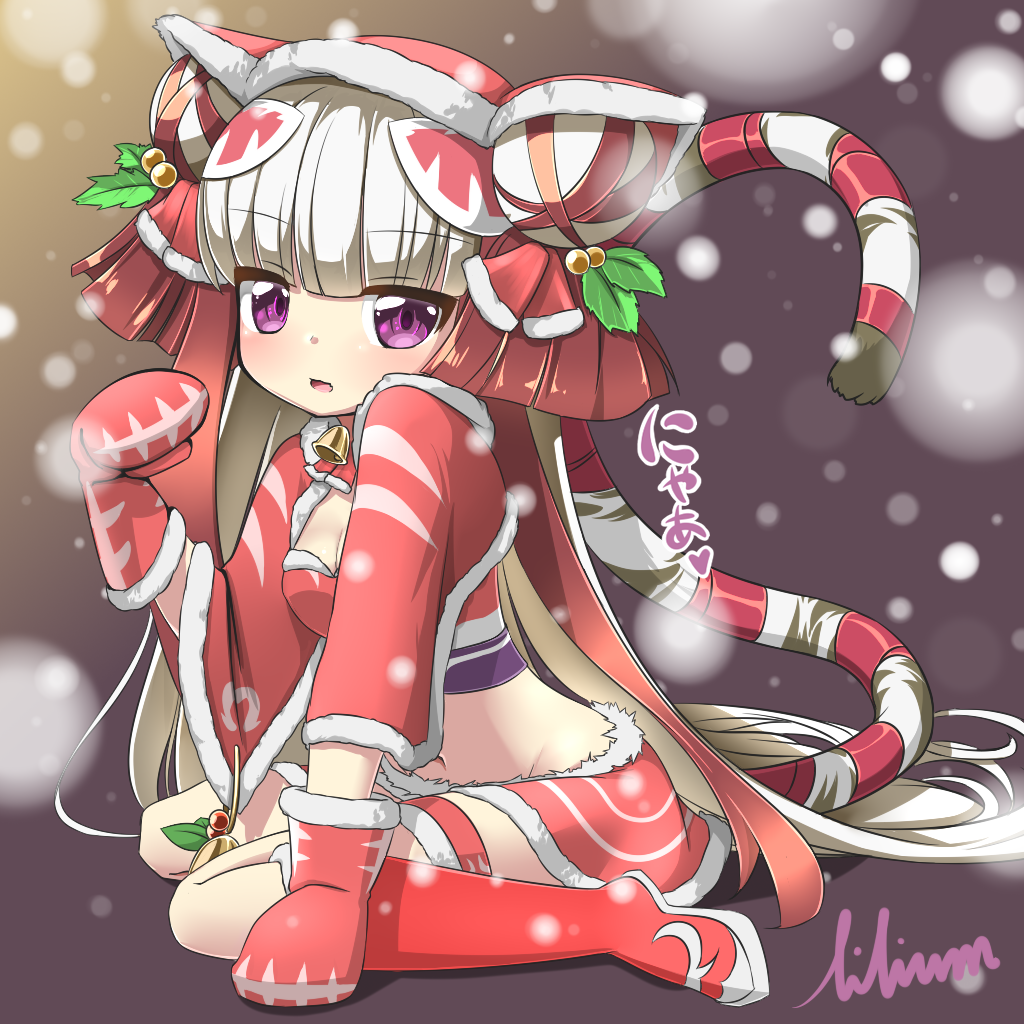 1girl alternate_color animal_hood bell boots breasts cat_hood christmas cleavage double_bun fang fur_trim hair_ornament haku_(p&amp;d) holly_hair_ornament hood jingle_bell knee_boots lilium0235 long_hair medium_breasts midriff mittens multicolored_hair navel open_mouth paw_pose puzzle_&amp;_dragons redhead sitting skirt snowing solo tail thigh_strap tiger_tail two-tone_hair very_long_hair violet_eyes wariza white_hair