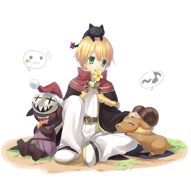 1boy bapho_jr blonde_hair creature full_body goblin green_eyes hamamo helmet high_wizard male_focus ragnarok_online short_hair simple_background sitting solo spread_legs tunic white_background