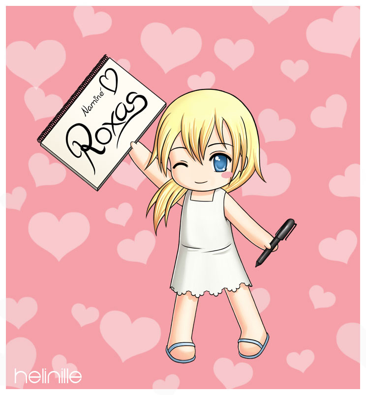 1girl ;) blonde_hair blue_eyes chibi dress heart holding kingdom_hearts looking_at_viewer namine one_eye_closed pen pink_background short_hair sign simple_background sleeveless sleeveless_dress smile solo sundress text white_dress wink