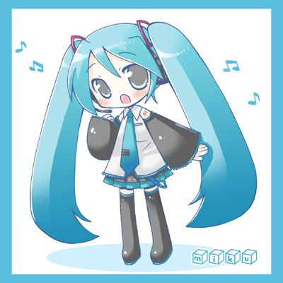 1girl :o aqua_hair blush border character_name chibi detached_sleeves hatsune_miku headphones headset long_hair lowres microphone music musical_note nail_polish necktie open_mouth quaver shadow shudou_rima simple_background singing skirt solo standing thigh-highs twintails very_long_hair vocaloid white_background zettai_ryouiki