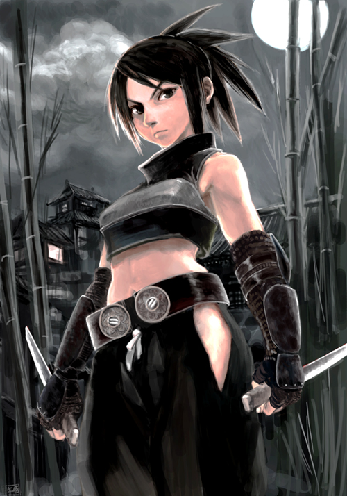 1girl acquire armor ayame ayame_(tenchu) bamboo bamboo_forest bare_shoulders belt black_hair blade forest from_software hip_vent kodachi midriff nature night ninja reverse_grip short_sword sleeveless solo sword tenchu tenchuu weapon