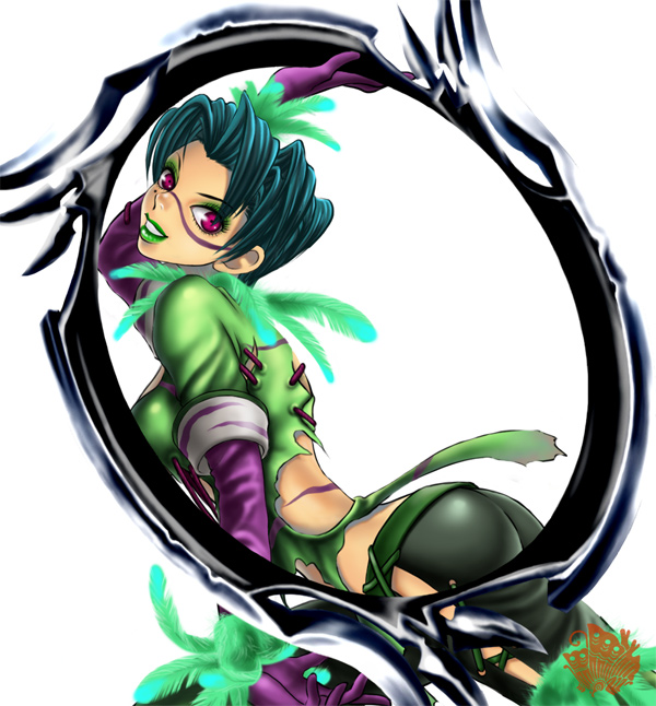 1girl aqua_hair arm_up ass back belt blade bodypaint chakram cowboy_shot cross-laced_clothes elbow_gloves eyeshadow facepaint facial_mark feathers from_side gloves green_hair green_lipstick grin head_tilt holding holding_weapon huge_weapon jewelry leaning_forward legs_apart lipstick looking_at_viewer looking_back makeup mole mole_under_eye pants pink_eyes purple_gloves ring short_hair simple_background smile solo soul_calibur soulcalibur_iii tira_(soulcalibur) torn_clothes violet_eyes weapon white_background xuexue_yue_hua