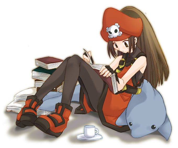 1girl arc_system_works book brown_hair cup dolphin gloves guilty_gear may_(guilty_gear) orange_shirt pantyhose pirate shirt skull_and_crossbones solo studying stuffed_animal stuffed_toy teacup