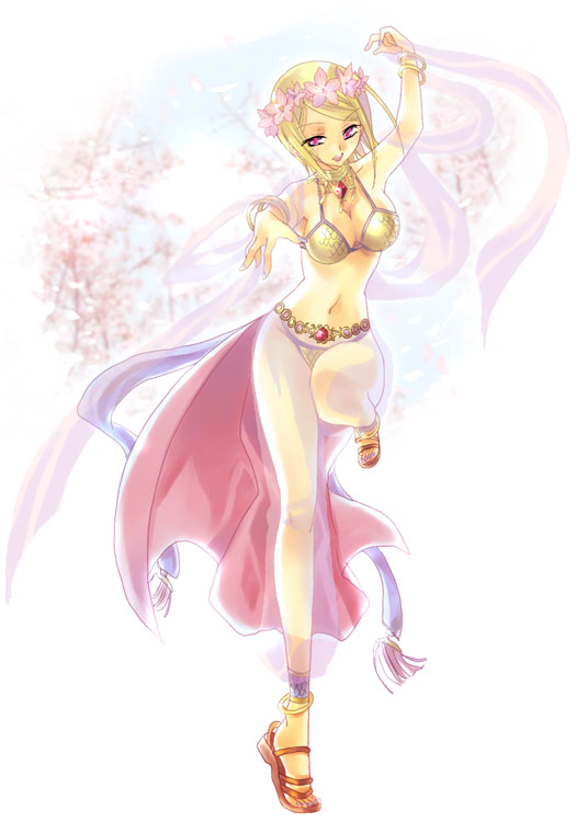 1girl anklet arabian_clothes belly_chain blonde_hair bracelet breasts cleavage dancer dancer_(ragnarok_online) gypsy harem_outfit harem_pants jewelry lots_of_jewelry midriff pants pink_eyes ragnarok_online sandals solo