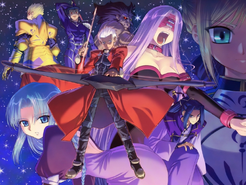 3girls 5boys archer armor arrow assassin_(fate/stay_night) belt berserker blindfold blonde_hair blue_eyes blue_hair boots bow bow_(weapon) breasts caster coat collar dress everyone facial_mark fate/stay_night fate_(series) forehead_mark gilgamesh green_eyes hair_bow kneeling lancer looking_at_viewer looking_back multiple_boys multiple_girls one_knee overcoat ponytail purple_hair rider saber serious shouting space strapless strapless_dress weapon white_hair