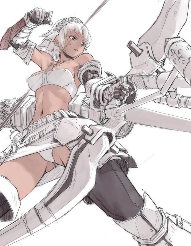 1girl 3 archer armor armpits arrow bandeau bare_shoulders bow_(weapon) brown_eyes capcom elbow_gloves foreshortening from_below gloves hairband marksman midriff monster_hunter navel number panties pantyshot short_hair simple_background sketch solo strapless sun-3 sweat thigh-highs thighs tubetop underwear weapon white white_background white_hair