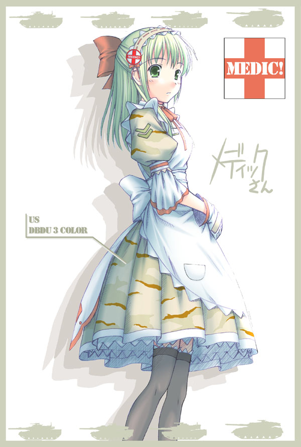1girl apron army bow camouflage combat_maid gloves maid maid_apron medic nomura_teruya original solo thigh-highs uniform