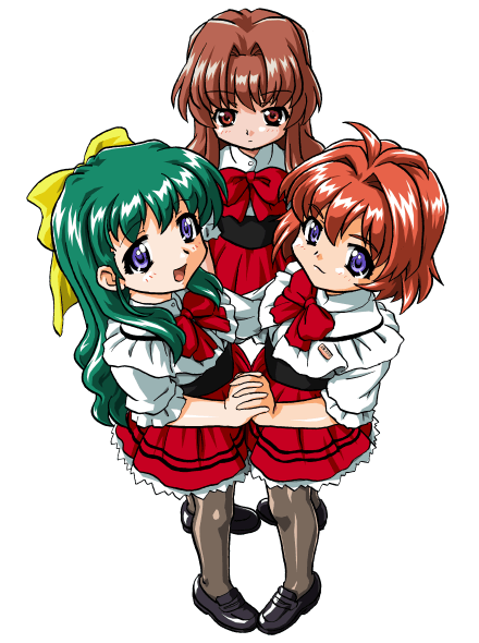 bandabekken blue_eyes bronze_parrot cosplay crossover green_hair hair_ribbon miyafuji_miina morino_ichigo onegai_teacher onegai_twins onodera_karen pantyhose redhead ribbon waitress