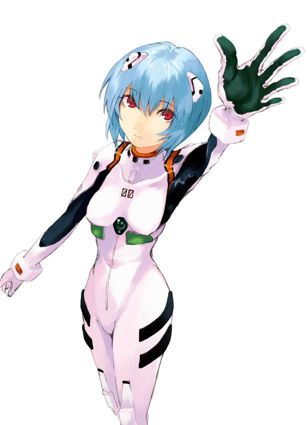 1girl arm_up armpits ayanami_rei bangs blue_hair bodysuit bracer breasts cowboy_shot expressionless from_above gloves hair_between_eyes hair_ornament kitagawa_unagi looking_at_viewer neon_genesis_evangelion number pilot_suit plugsuit reaching red_eyes short_hair simple_background small_breasts solo standing turtleneck waving white_background