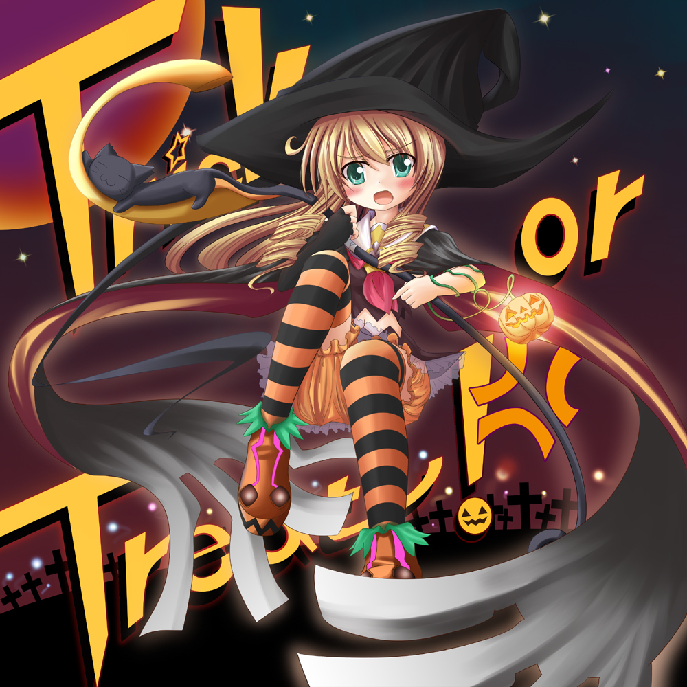 1girl anger_vein cat halloween hat jack-o'-lantern makino_(ukiuo) original pumpkin solo striped striped_legwear thigh-highs trick_or_treat witch_hat